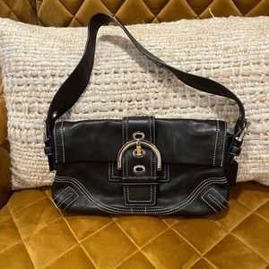 Y2K Coach Shoulder Bag- Black Leather Off White Stitching